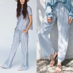 Jenni Kayne The Striped Linen Pant Wide Leg Pants Elastic Waist Blue XL